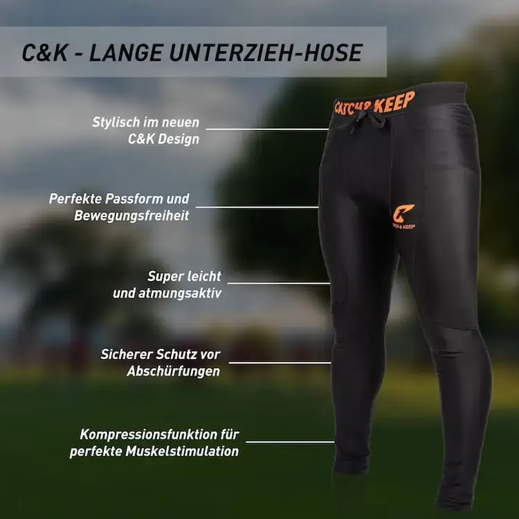 Die Torwarthose (Unterziehhose lang) von Catch and Keep hat die ultimativen Extras - Dadurch ist sie stylisch, ultraleicht und trotzdem super sicher!